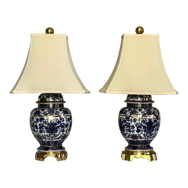 Pair of 1980s Blue and White Ginger Jar Table Lamps With Bronze Mounts and Gilt by Speer For Sale