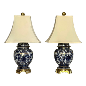 Pair of 1980s Blue and White Ginger Jar Table Lamps With Bronze Mounts and Gilt by Speer