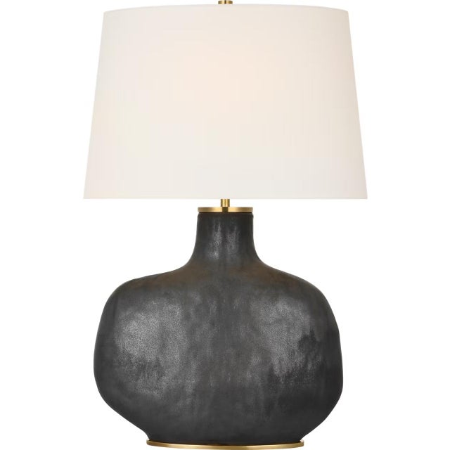 Transitional Kelly Wearstler by Visual Comfort Signature Beton Medium Table Lamp in Stained Black Metallic with Linen Shade For Sale - Image 3 of 3