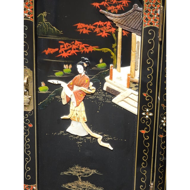 Black Vintage Oriental Black Lacquer Hand Painted Two Door Cabinet ~ Mother of Pearl For Sale - Image 8 of 12