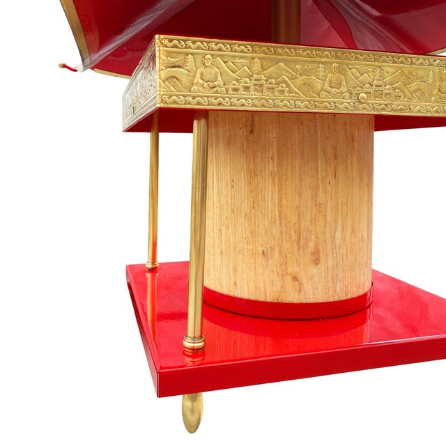 1950s Mid-Century Modern Pagoda Enameled Red Metal & Gold-Tone Tole Chinoiserie Chandelier For Sale - Image 13 of 18