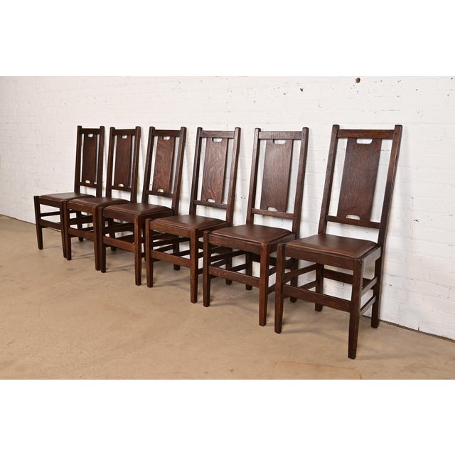 Gustav Stickley Antique Mission Oak Arts & Crafts H-Back Dining Chairs With Leather Seats, Newly Restored For Sale - Image 11 of 11