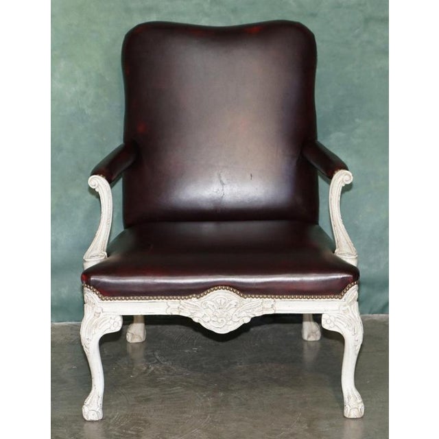 Vintage French Louis XV Style Oxblood Leather Armchair with Painted Frame For Sale - Image 3 of 18