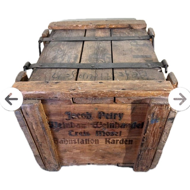 Rare Antique German Wood Wine Crate W Lid, 19th Century, Industrial Metal Straps For Sale - Image 4 of 18