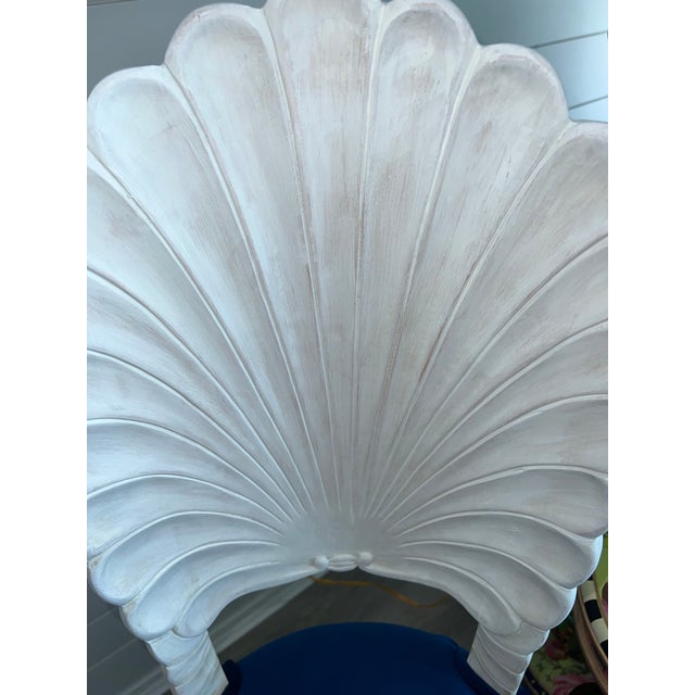Navy Blue Set of 3 Venetian Grotto Style Carved Shell-Back Counter Stools – Newly Upholstered For Sale - Image 8 of 9
