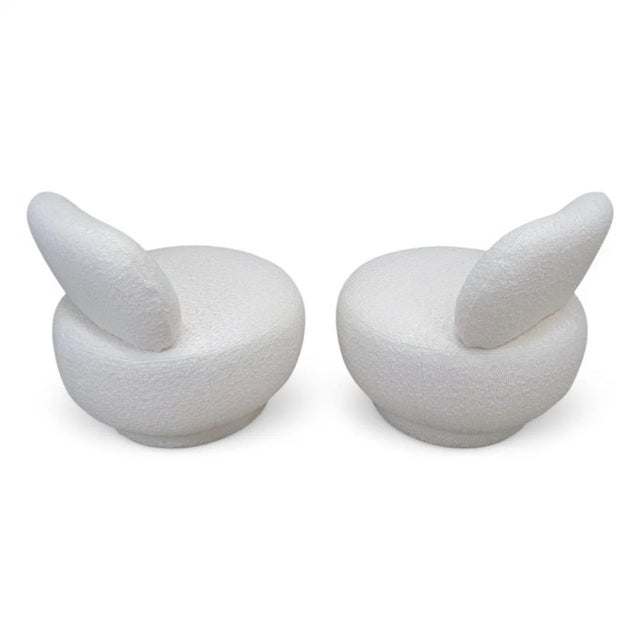 Postmodern Steve Chase Style Swivel Pouf Lounge Chair Reupholstered in Ligiare Ivory Silk Backed Boucle - Pair This pair...