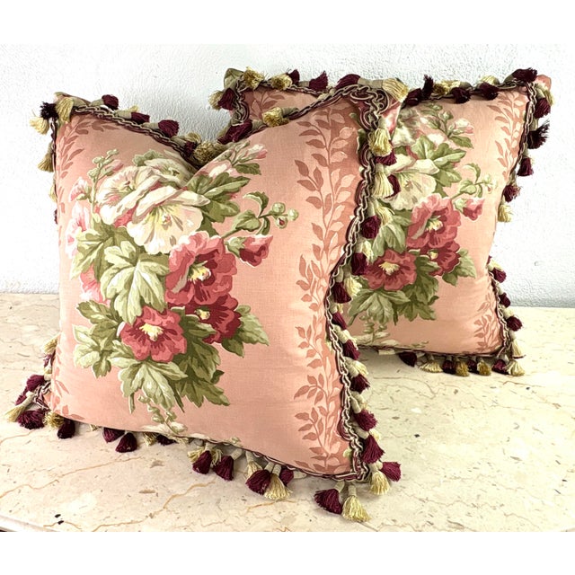 2020s Early 20th Century American Broad Cloth Tasseled Floral Pillows/a Pair For Sale - Image 5 of 11