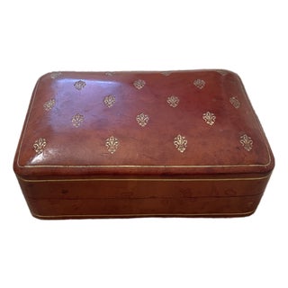 Vintage Italian Burgundy Leather Box Featuring Embossed Gold Fleur-De-Lis For Sale