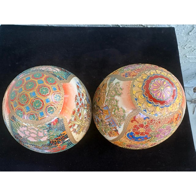 Vintage Hand-Painted Chinese Porcelain Decorative Egg Sculptures on Wooden Bases– Set of 2 – 5.5” For Sale - Image 11 of 12