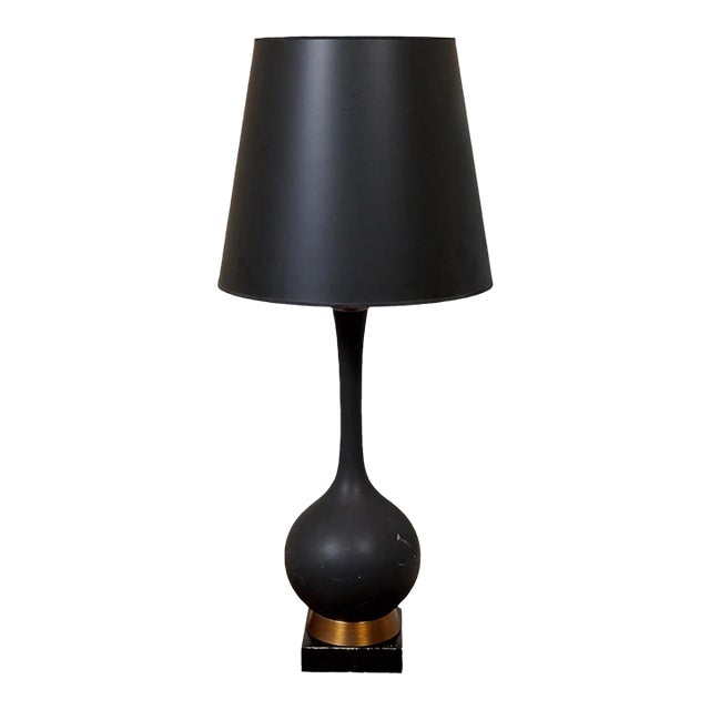 1960s Mid Century Modern American Black Ceramic Lamp With Brass and Wood Base For Sale