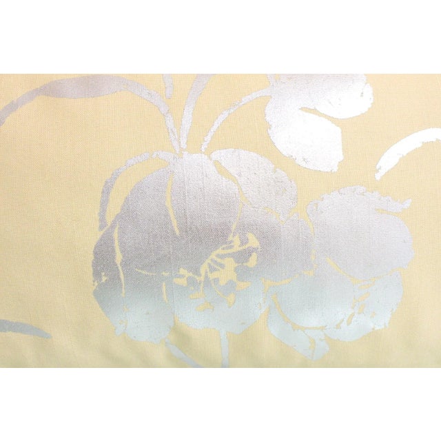 Vintage Silver Floral Hand-Painted Double- Sided Lumbar Pillow With Beaded Trim For Sale - Image 9 of 13