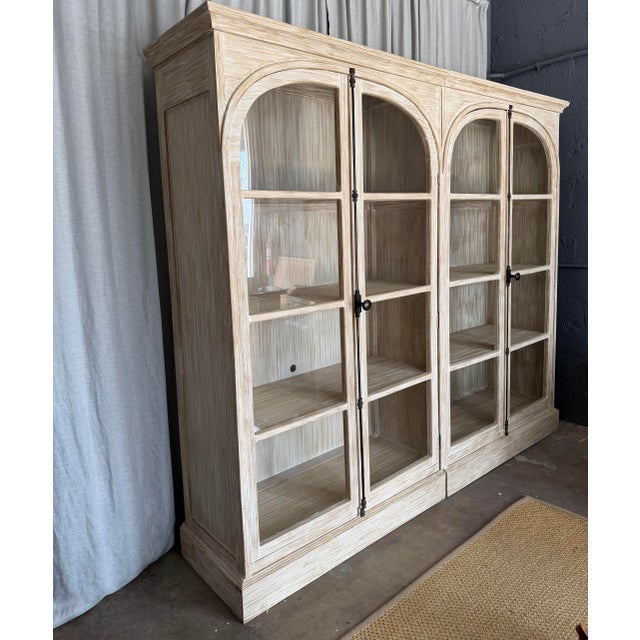 Vintage stunning, high quality solid wood custom multi-door bookcase/vitrine glass arch style doors, white washed hand...