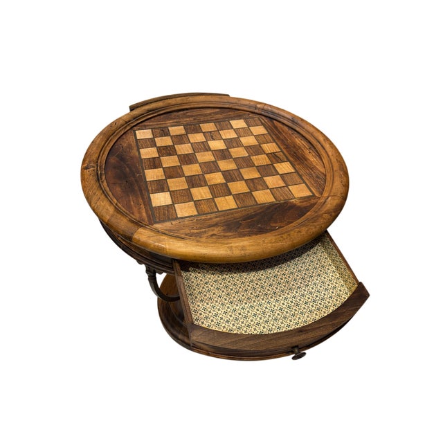 Late 20th Century Rustic Round Game Table With Inlaid Chess Board & Storage Drawer For Sale - Image 4 of 4