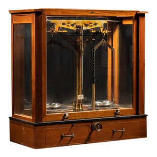 Vintage Brass Apothecary Balance Scale in Wood & Glass Case by Seederer-Kohlbusch For Sale