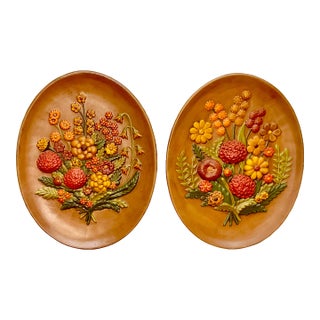 Mid-Century Arts & Crafts Rustic Boho Chic Fall Flora in Bas-Relief Decorative Wall Plates - A Pair. For Sale