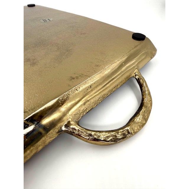 Textile Large Indian Textured Antique Gold Forged in Herringbone Serving Tray With Handles For Sale - Image 7 of 11