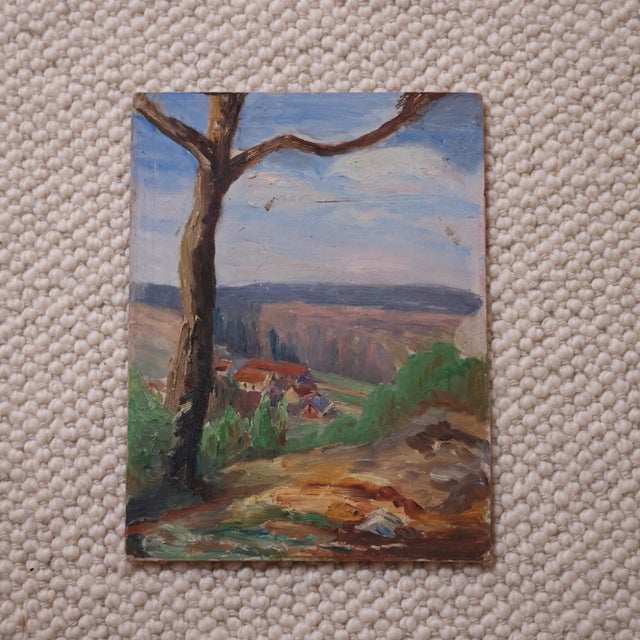 This 20th century French mountain side view painting captures a peaceful hillside landscape with a simple, expressive...