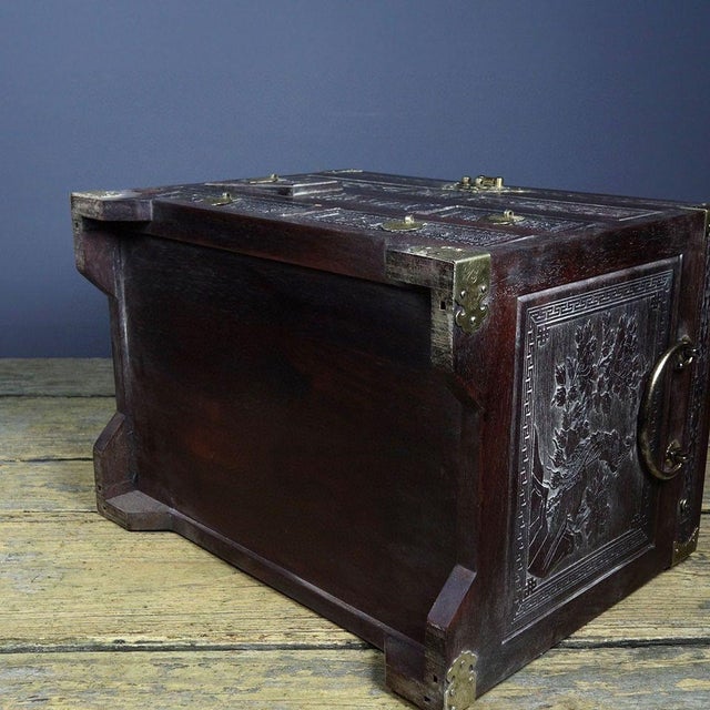 Vintage Rosewood Jewelry Box / Vanity Chest With Brass Hardware & Carved Drawers For Sale - Image 9 of 9