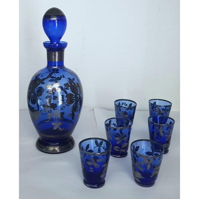 Hollywood Regency Blue Liqueur Glass Decanter and Glasses with Silver Overlay, Set of 7 For Sale - Image 3 of 5