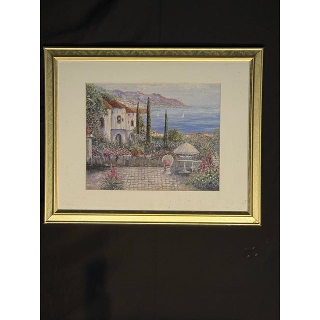 Wood Framed Mediterranean Coastal Villa Landscape Artwork For Sale - Image 7 of 7