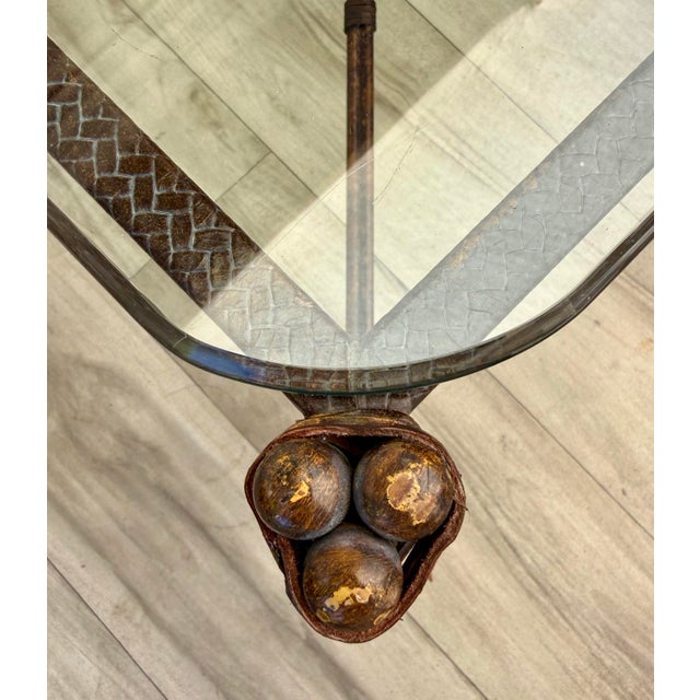 Brown Faux Bamboo Metal Leather Coffee Table For Sale - Image 8 of 16