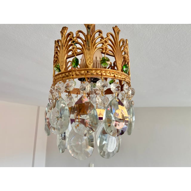 Vintage Small Brass & Emerald Green Crystal Crown Flush Mount – 1 Light For Sale - Image 9 of 18