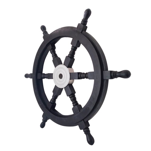 Traditional Early 19th Century Nautical Handcrafted 24 Inch Black Wooden Ship Wheel, Home Wall Décor For Sale - Image 3 of 6