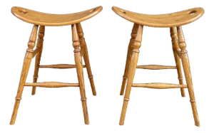 Late 20th Century Zimmerman Chair American Traditional Solid Oak Backless Saddle Seat Stools - A Pair