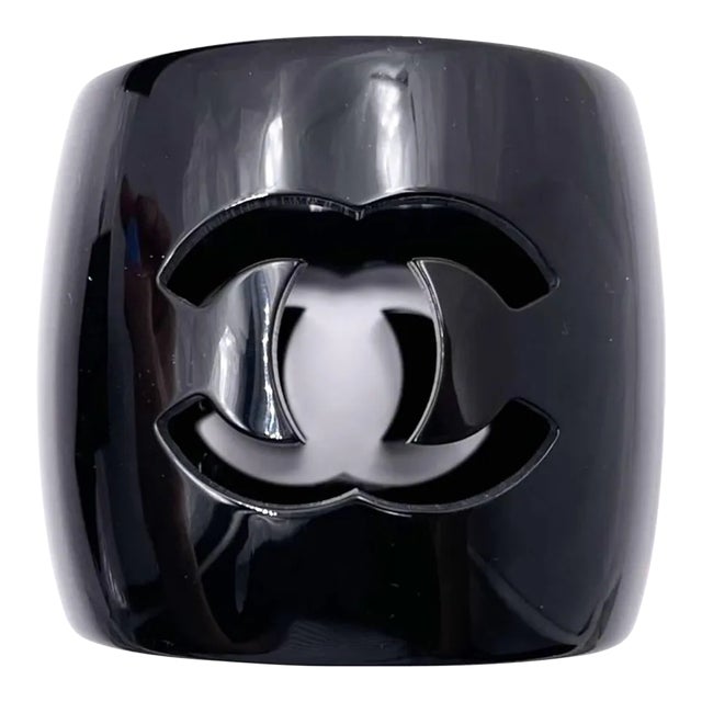 Chanel Vintage Black CC Cutout XL Thick Bangle Bracelet For Sale