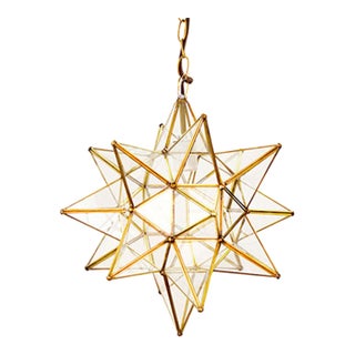 Matthew Izzo Home 12" Clear Glass Moravian Star Pendant Light With Brass Trim For Sale
