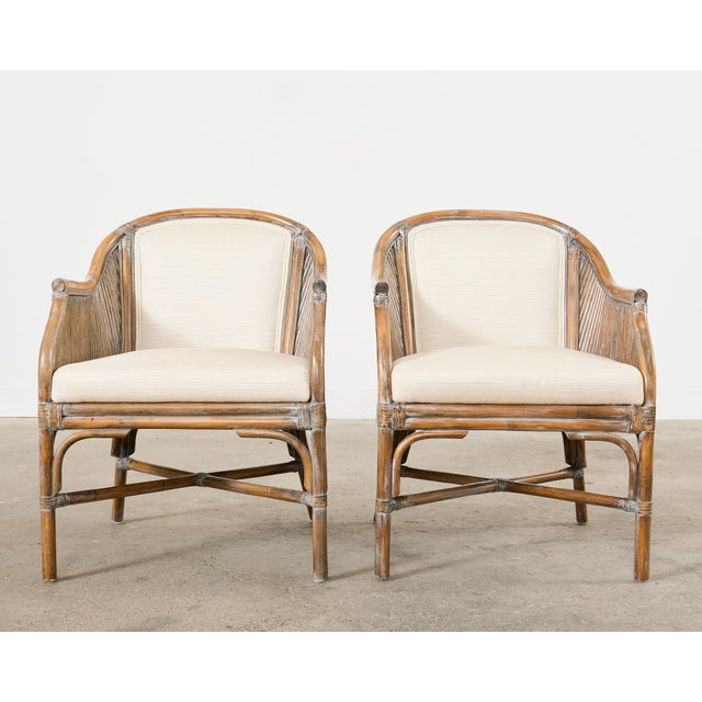Contemporary Pair of McGuire Style Organic Modern Rattan Barrel Chairs For Sale - Image 3 of 12