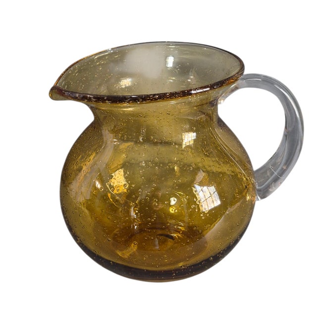 Vintage Amber Hand Blown Art Glass Controlled Bubble Pitcher For Sale - Image 9 of 9