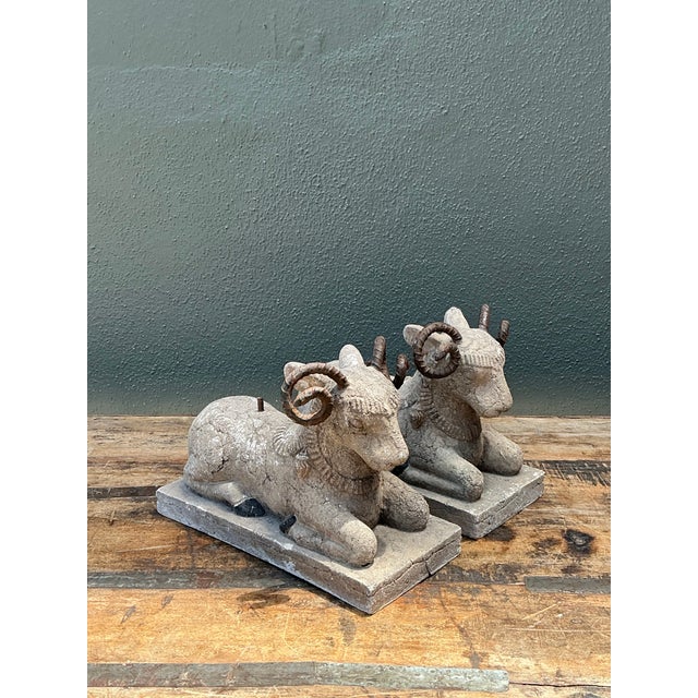 Vintage Plaster and Metal Ram Sculptures - Pair For Sale - Image 9 of 12