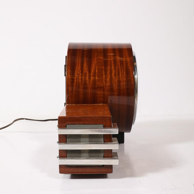 Art Deco Machine Age Burled Walnut With Aluminum Banded Detail Electric Clock For Sale - Image 9 of 12