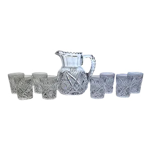 Antique Libbey With Hawkes American Brilliant Period Crystal Pitcher Tumbler Glassware Set of 9