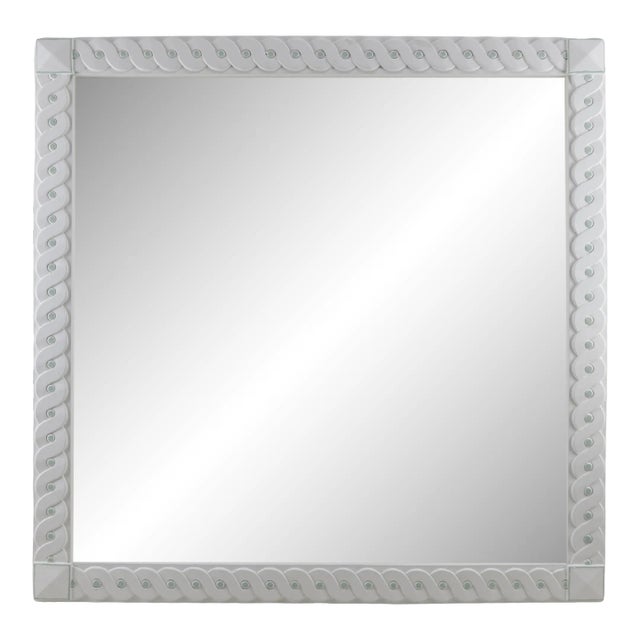Hand Carved White Wall Mirror With Light Green Polka Dots For Sale
