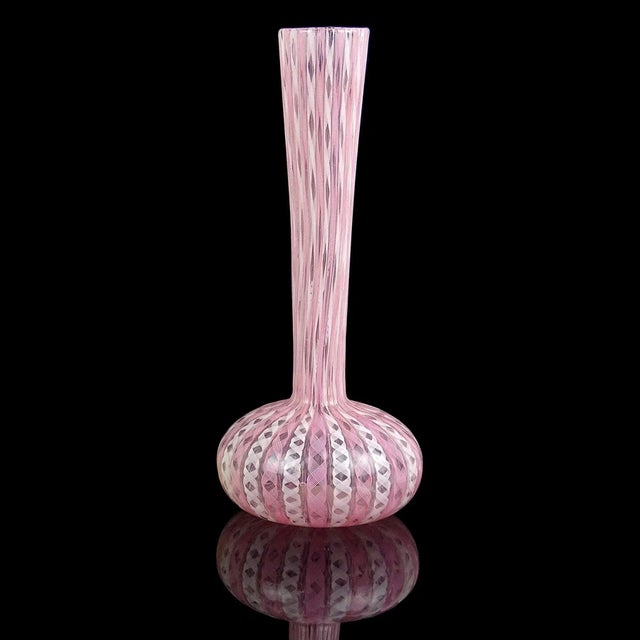 Mid-Century Modern Vintage Murano Fratelli Toso Pink White Swirl Ribbons Italian Art Glass Soliflore Long Neck Flower Vase For Sale - Image 3 of 6