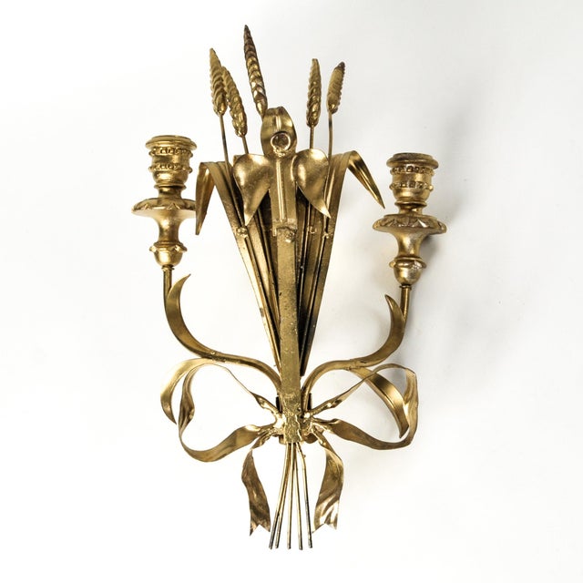 Single Wheat Sheaf and Bow Wall Sconce Candle Holder | Vintage Italian Gilt Hollywood Regency For Sale - Image 13 of 14