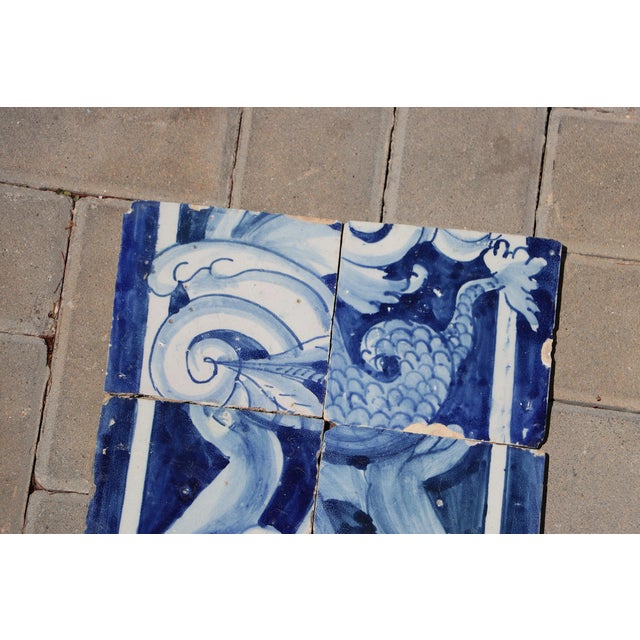 18th Century Portuguese Baroque Tiles With Mythological Figure Details and Elaborate Cobalt Scrollwork, Set of 6 For Sale - Image 4 of 9