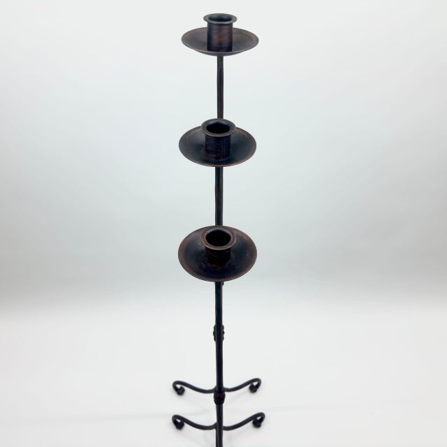 Hand Forged Iron Candelabra Set of 3 (91-111cm) Antique Copper Finish Straight Stem with Classic Scroll Feet For Sale - Image 4 of 6