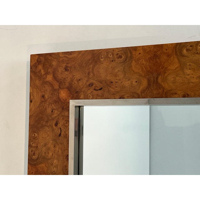 Metal Square mirror in elm burl veneer and chrome by Willy Rizzo. Circa 1970 For Sale - Image 7 of 12