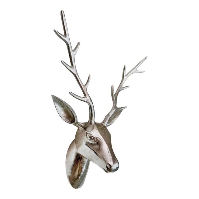 Large Modernist Cast Polished Metal Deer Antler Head Wall Sculpture For Sale