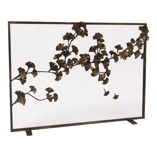 Gold Rubbed Black Ginkgo Fireplace Screen Iron For Sale