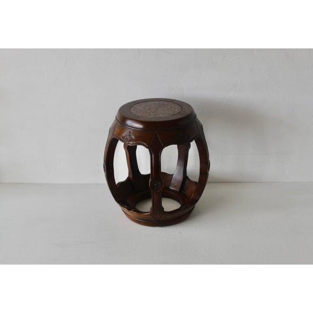 1980s Asian Carved Wood Barrel Stool Plant Stand With Inset Granite Top Vintage For Sale - Image 12 of 18