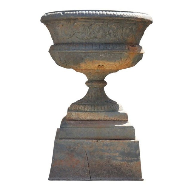 Traditional Oversized Antique Classical Cast Iron Garden Urn C1900 For Sale - Image 3 of 5