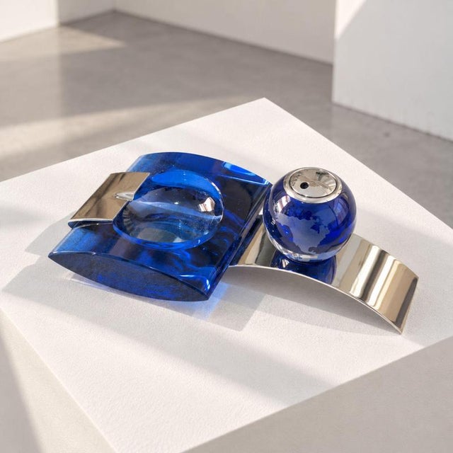 Smoking Set of Murano Glass Ashtray and Lighter in Cobalt Blue in the style of Fontana Arte, 1970s For Sale - Image 4 of 9