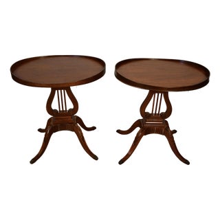 1940s Mersman Duncan Phyfe Style Mahogany Lyre Base Pair of Side Tables / End Tables For Sale