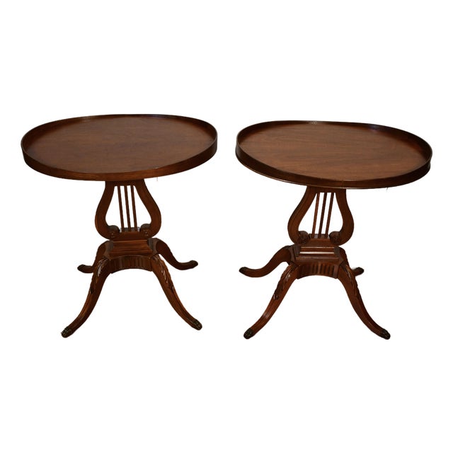 1940s Mersman Duncan Phyfe Style Mahogany Lyre Base Pair of Side Tables / End Tables For Sale