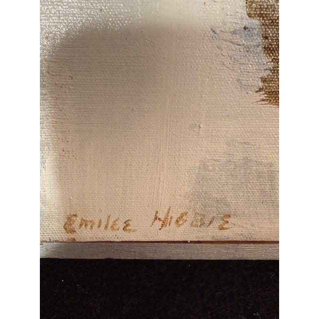 Beautiful abstraction titled Winter. By artist Emilee Higbie Circa 1950- 60s. Original frame. The canvas is 16” x 19”