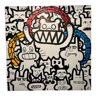 Vintage Black and White Cats Pop Art Graffiti Acrylic on Canvas Signed Unframed For Sale